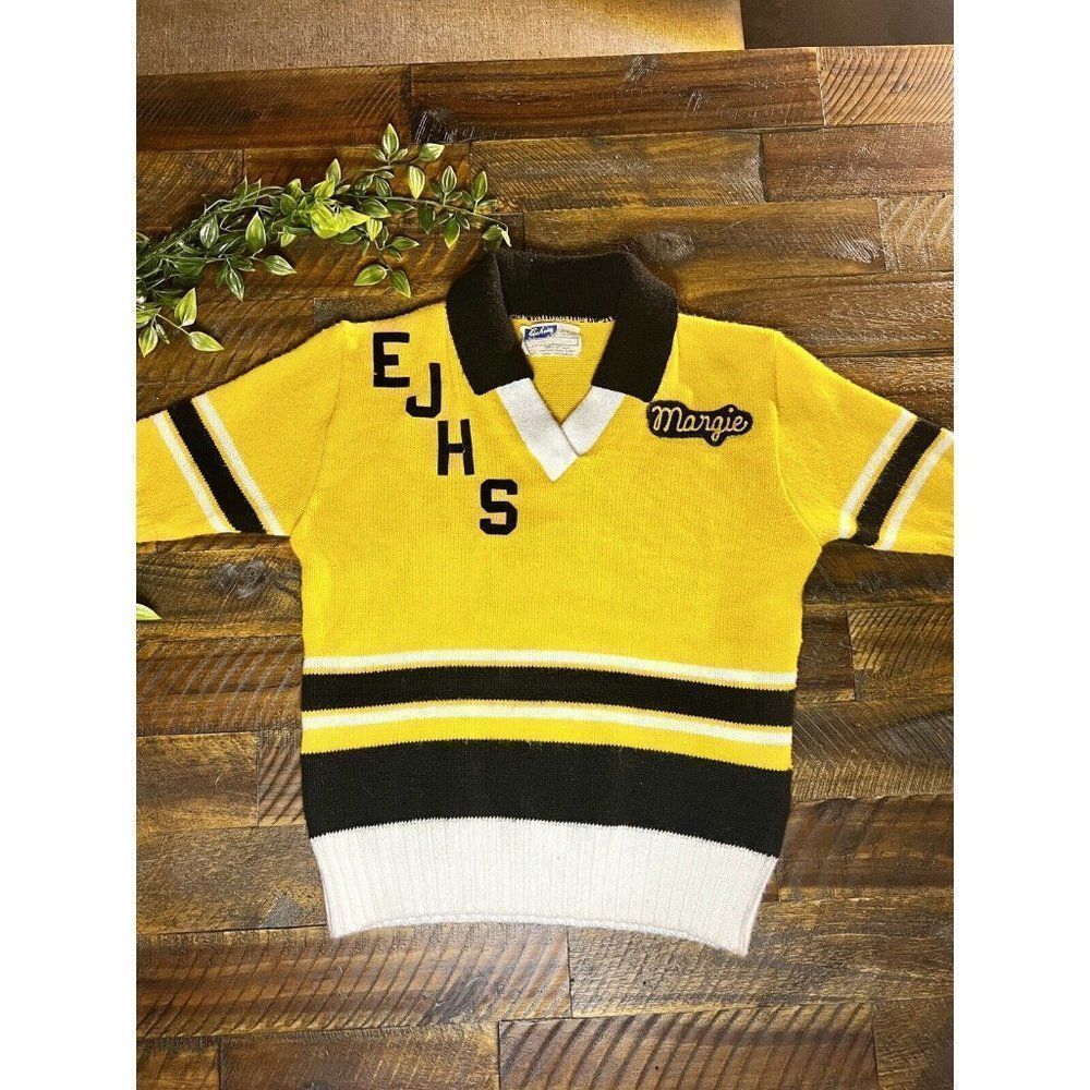 VINTAGE Dehen Knitting GOLD Black White Knit Cheerleading Sweater Small EJHS